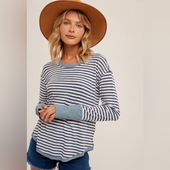 Jones New York Blue Stripe Long Sleeve Drawstring Waist Crewneck Top Tee Sz M - Picture 8 of 14